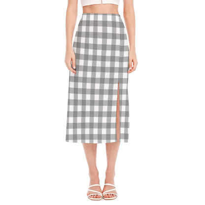 Grey And White Gingham Pattern Print Side Slit Midi Skirt