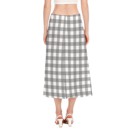 Grey And White Gingham Pattern Print Side Slit Midi Skirt