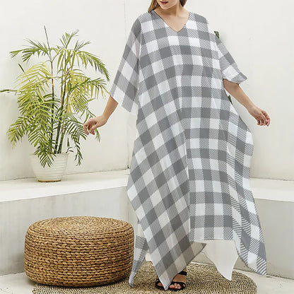 Grey And White Gingham Pattern Print Silk V-Neck Kaftan Dress