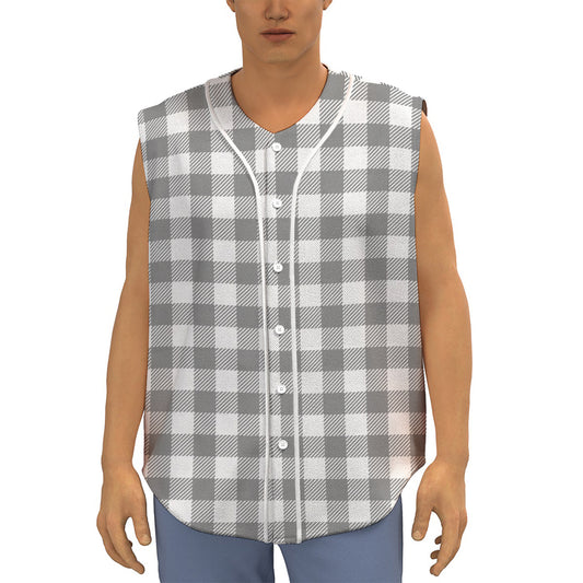 Grey And White Gingham Pattern Print Sleeveless Baseball Jersey