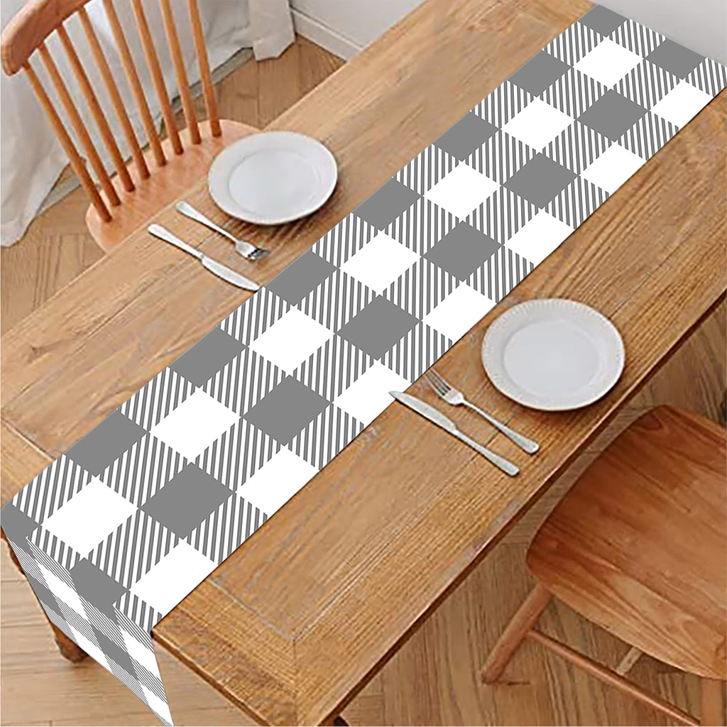 Grey And White Gingham Pattern Print Table Runner