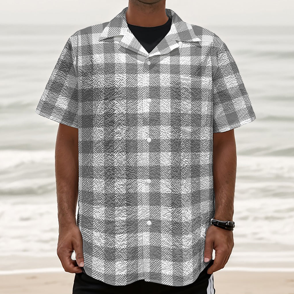 Grey And White Gingham Pattern Print Textured Short Sleeve Shirt