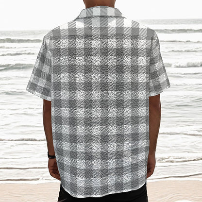 Grey And White Gingham Pattern Print Textured Short Sleeve Shirt