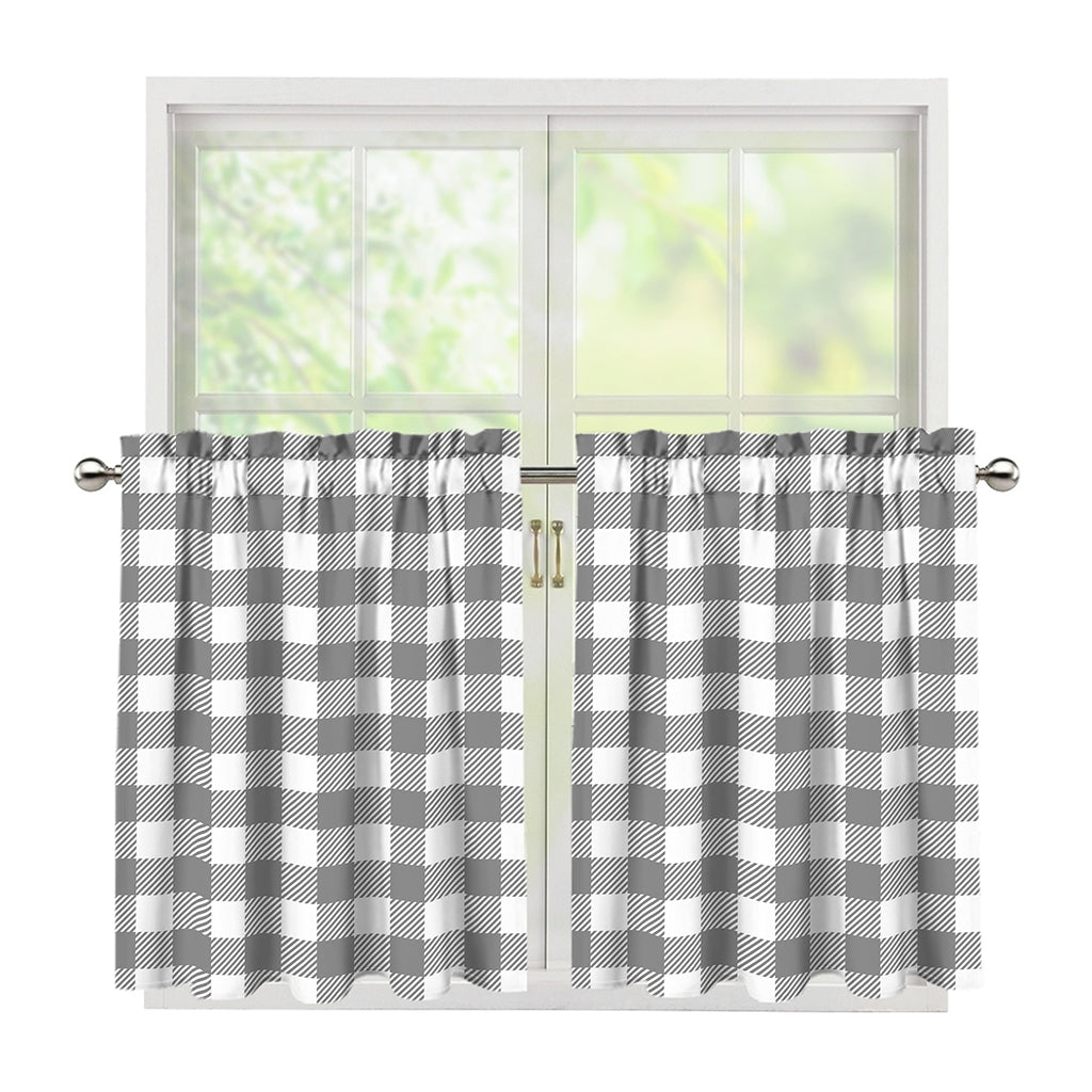 Grey And White Gingham Pattern Print Tier Curtains