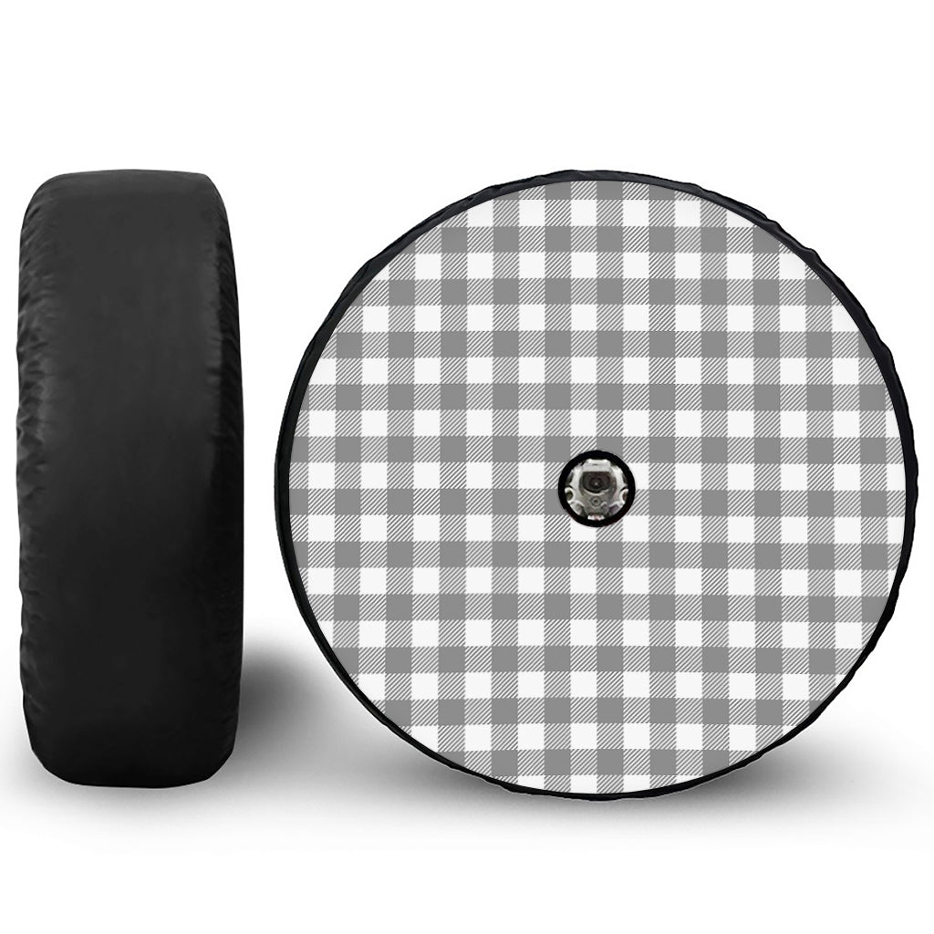 Grey And White Gingham Pattern Print Tire Cover With Camera Hole