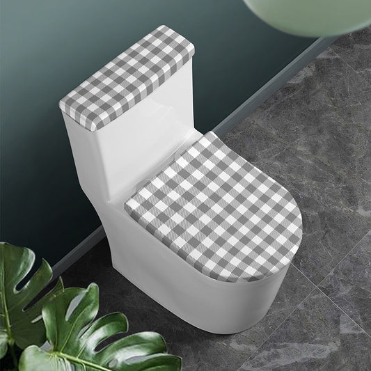 Grey And White Gingham Pattern Print Toilet Lid And Tank Cover Set