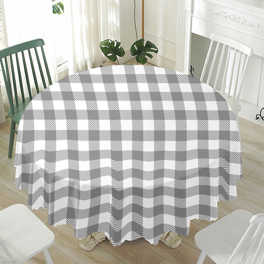 Grey And White Gingham Pattern Print Waterproof Round Tablecloth
