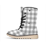 Grey And White Gingham Pattern Print Winter Boots