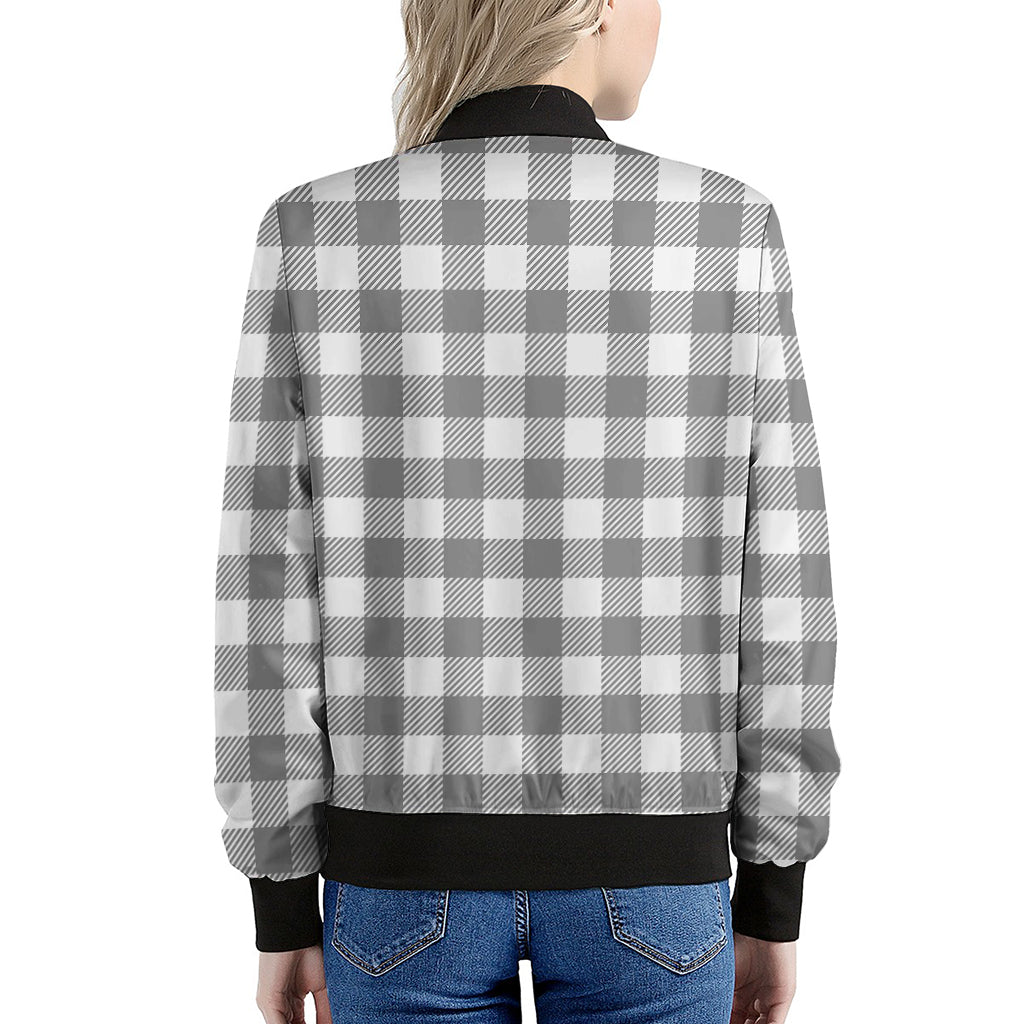 Grey And White Gingham Pattern Print Women's Bomber Jacket