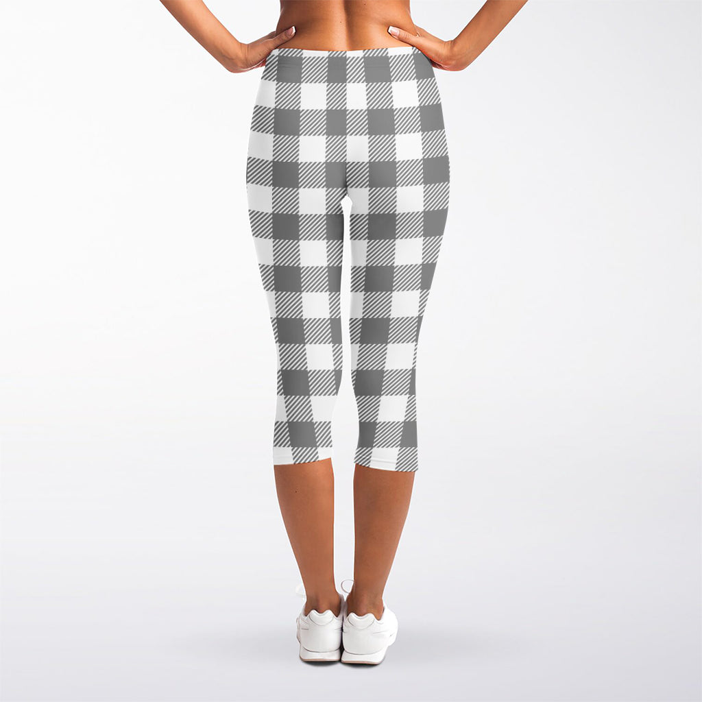 Grey And White Gingham Pattern Print Women's Capri Leggings