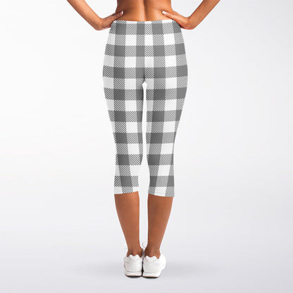 Grey And White Gingham Pattern Print Women's Capri Leggings