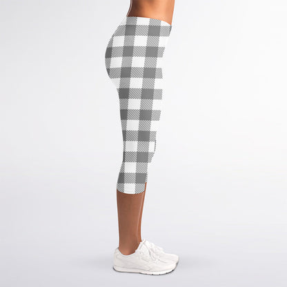Grey And White Gingham Pattern Print Women's Capri Leggings