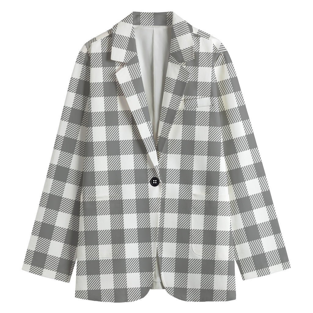 Grey And White Gingham Pattern Print Women's Cotton Blazer