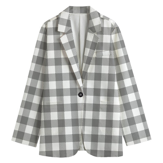 Grey And White Gingham Pattern Print Women's Cotton Blazer