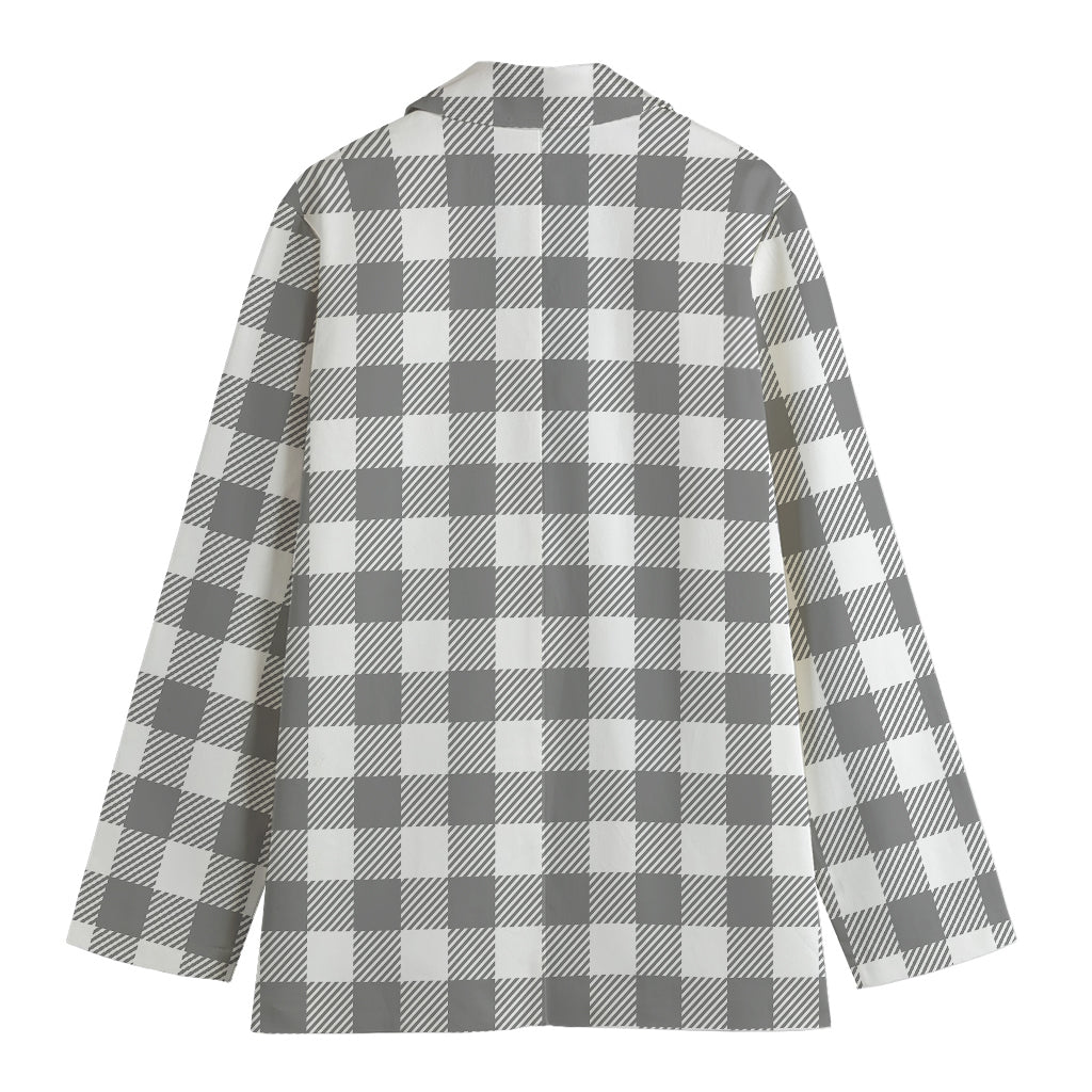 Grey And White Gingham Pattern Print Women's Cotton Blazer