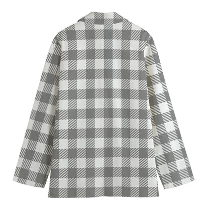Grey And White Gingham Pattern Print Women's Cotton Blazer