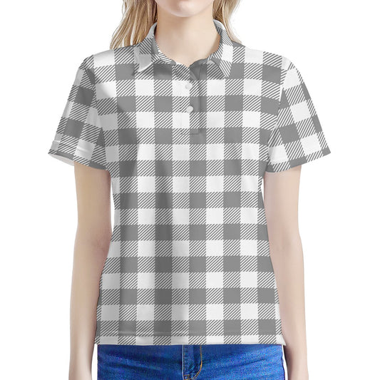 Grey And White Gingham Pattern Print Women's Polo Shirt