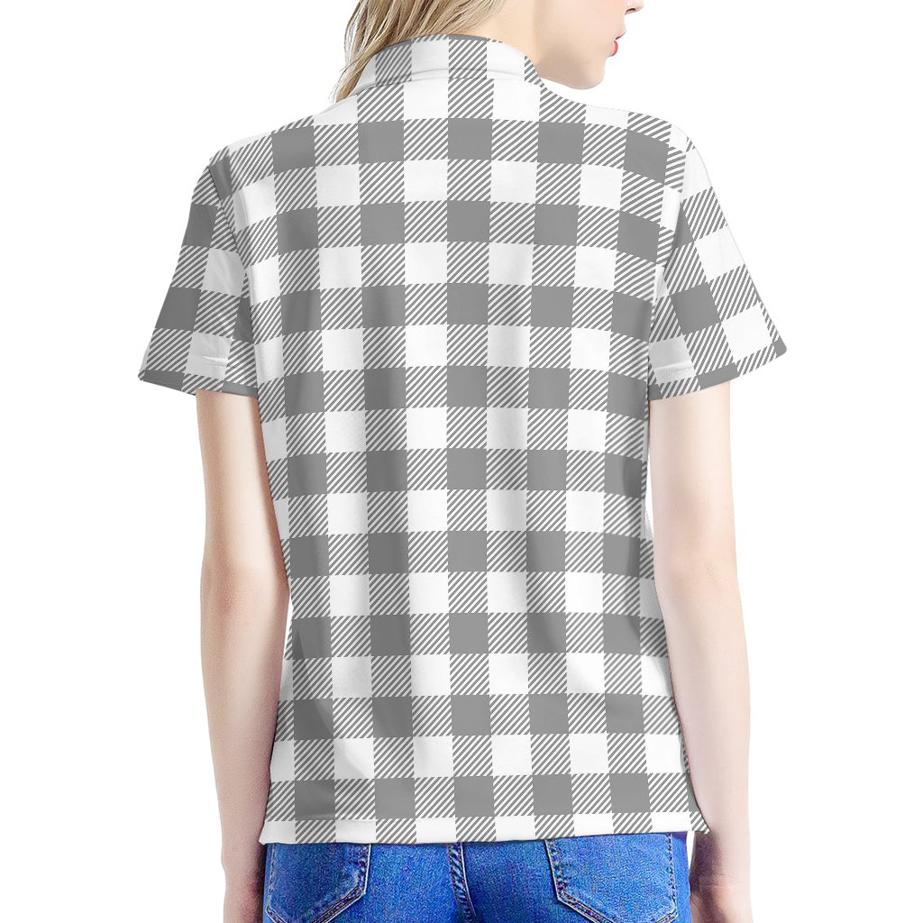 Grey And White Gingham Pattern Print Women's Polo Shirt