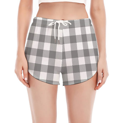 Grey And White Gingham Pattern Print Women's Split Running Shorts