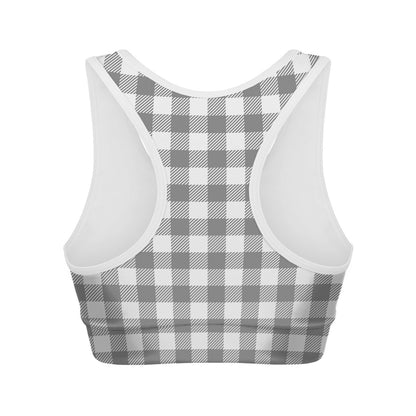 Grey And White Gingham Pattern Print Women's Sports Bra