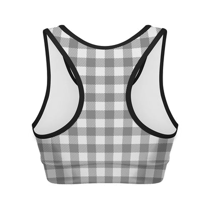 Grey And White Gingham Pattern Print Women's Sports Bra