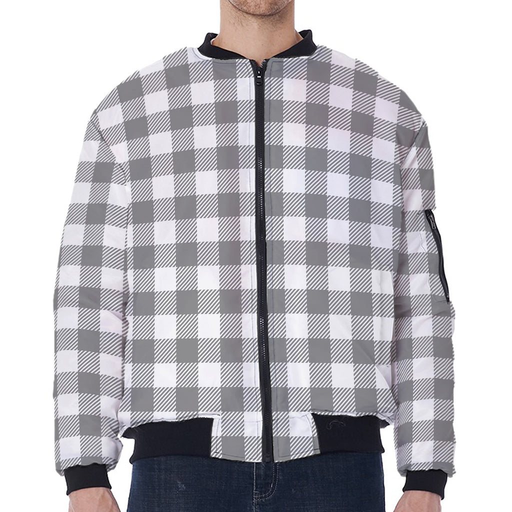 Grey And White Gingham Pattern Print Zip Sleeve Bomber Jacket