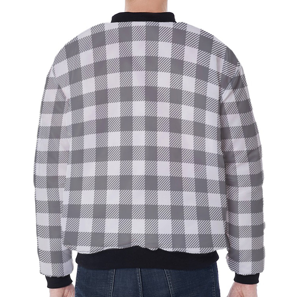 Grey And White Gingham Pattern Print Zip Sleeve Bomber Jacket