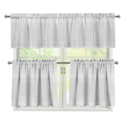Grey And White Glen Plaid Print 3 Piece Kitchen Curtains