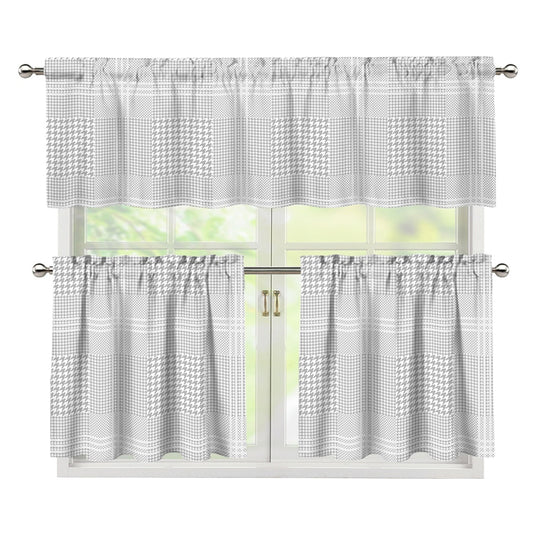 Grey And White Glen Plaid Print 3 Piece Kitchen Curtains