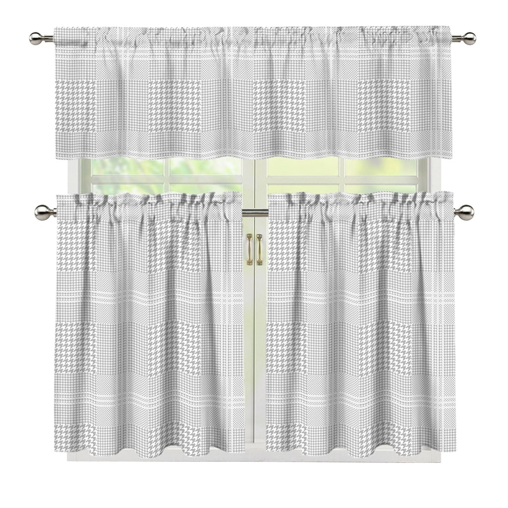 Grey And White Glen Plaid Print 3 Piece Kitchen Curtains