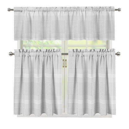 Grey And White Glen Plaid Print 3 Piece Kitchen Curtains