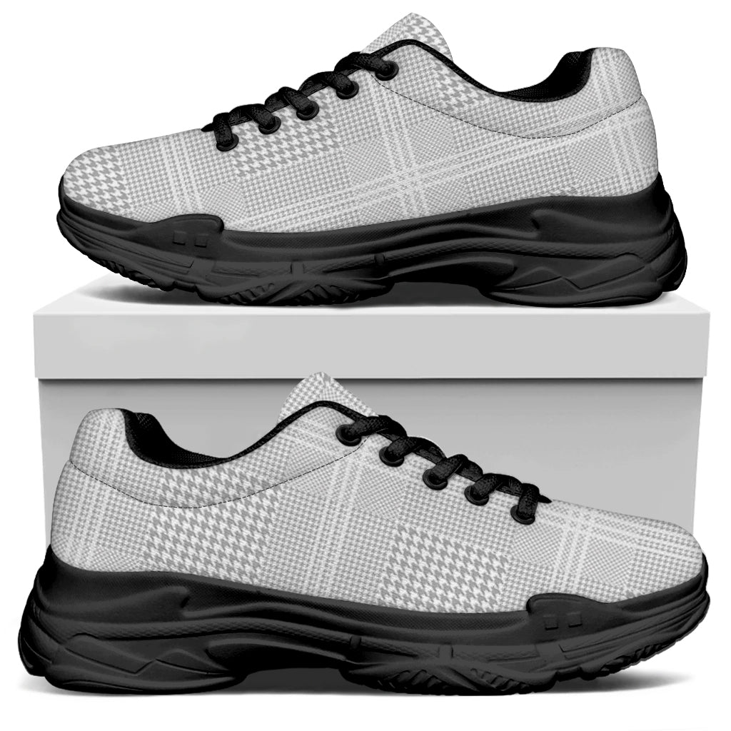Grey And White Glen Plaid Print Black Chunky Shoes