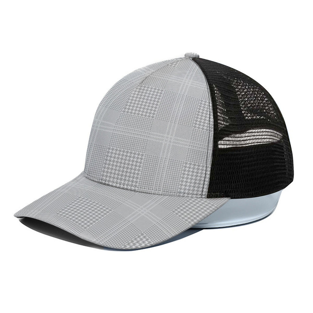 Grey And White Glen Plaid Print Black Mesh Trucker Cap