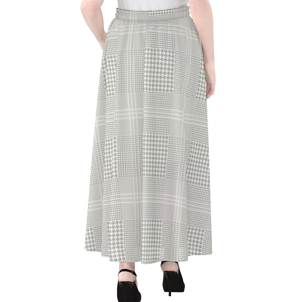 Grey And White Glen Plaid Print Chiffon Maxi Skirt