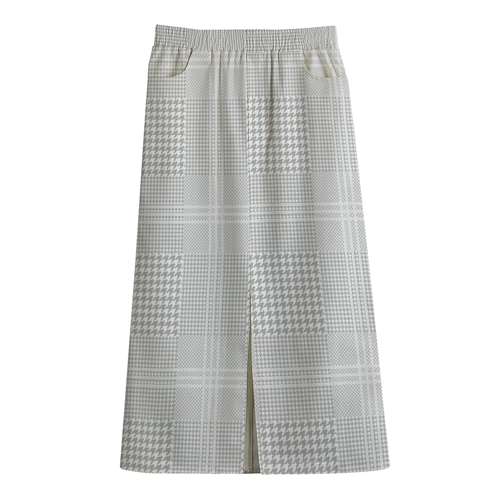 Grey And White Glen Plaid Print Cotton Front Slit Maxi Skirt