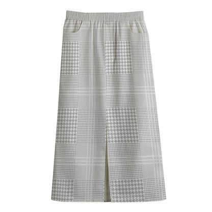 Grey And White Glen Plaid Print Cotton Front Slit Maxi Skirt