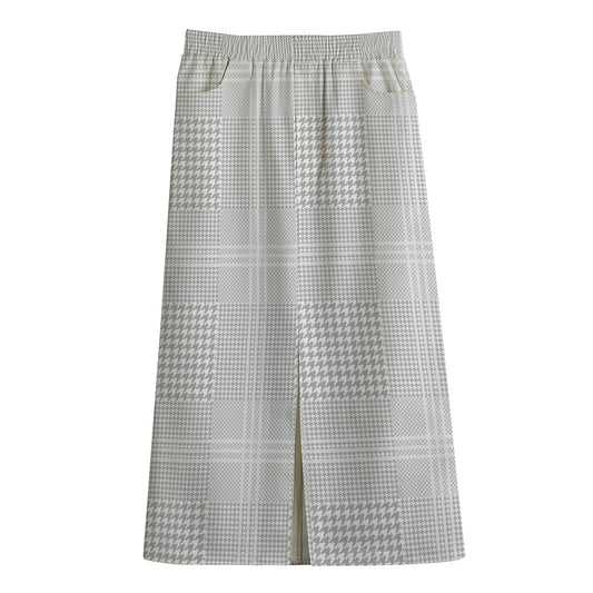 Grey And White Glen Plaid Print Cotton Front Slit Maxi Skirt