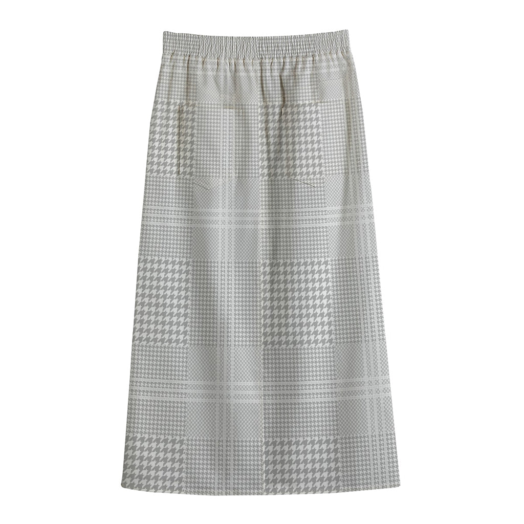 Grey And White Glen Plaid Print Cotton Front Slit Maxi Skirt