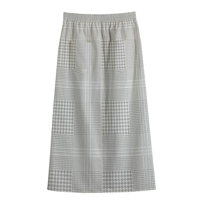 Grey And White Glen Plaid Print Cotton Front Slit Maxi Skirt