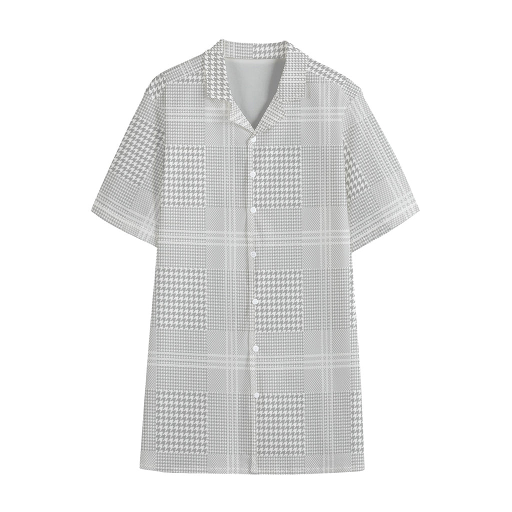Grey And White Glen Plaid Print Cotton Hawaiian Shirt