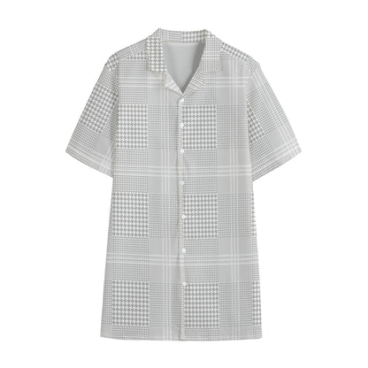 Grey And White Glen Plaid Print Cotton Hawaiian Shirt