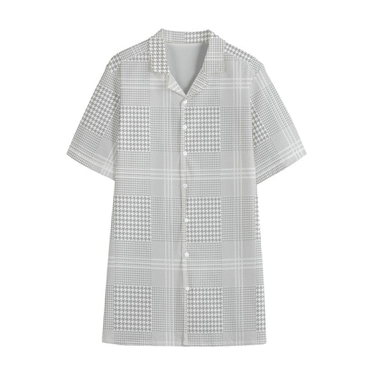 Grey And White Glen Plaid Print Cotton Hawaiian Shirt