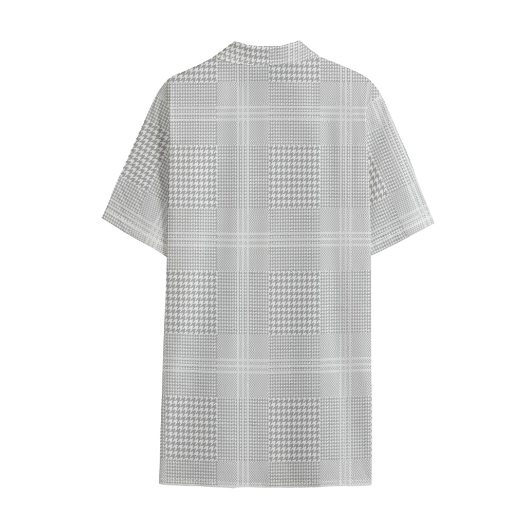 Grey And White Glen Plaid Print Cotton Hawaiian Shirt