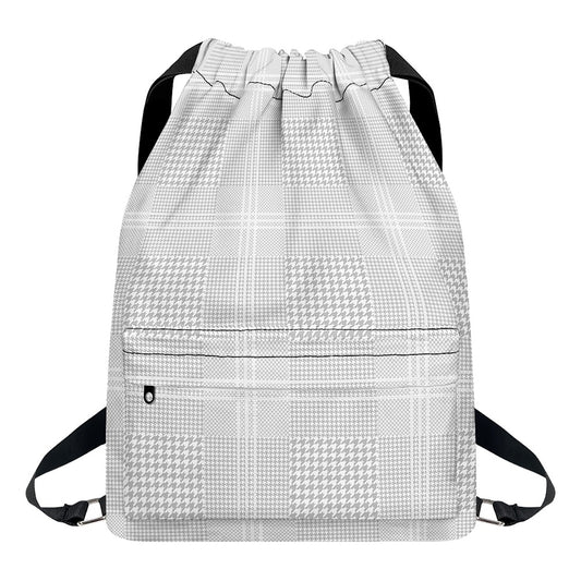 Grey And White Glen Plaid Print Drawstring Backpack
