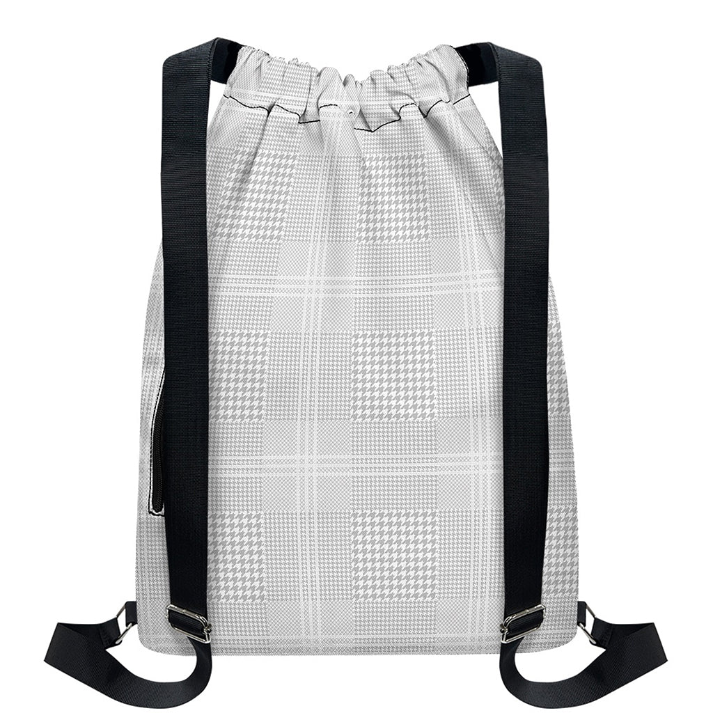 Grey And White Glen Plaid Print Drawstring Backpack