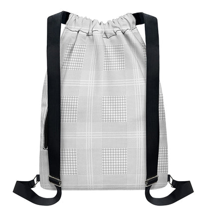 Grey And White Glen Plaid Print Drawstring Backpack