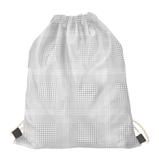 Grey And White Glen Plaid Print Drawstring Bag