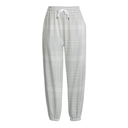Grey And White Glen Plaid Print Fleece Lined Knit Pants