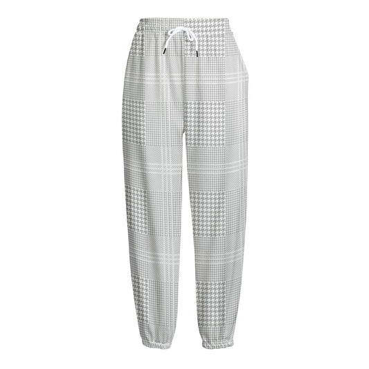 Grey And White Glen Plaid Print Fleece Lined Knit Pants