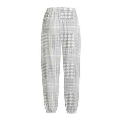 Grey And White Glen Plaid Print Fleece Lined Knit Pants
